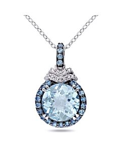 AMOUR 4 3/4 CT TGW Sky and London Blue Topaz and Diamond Halo Pendant with Chain In Sterling Silver with Black Rhodium