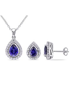 Amour Sterling Silver 4 7/8 CT TGW Created Blue and Created White Sapphire Halo Pendant with Chain and Earrings Set
