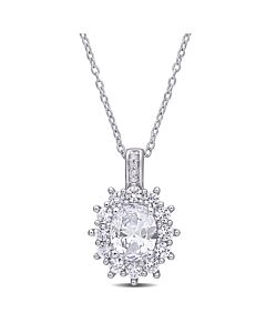 AMOUR 4 CT TGW Created White Sapphire and Diamond Accent Floral Halo Pendant with Chain In Sterling Silver