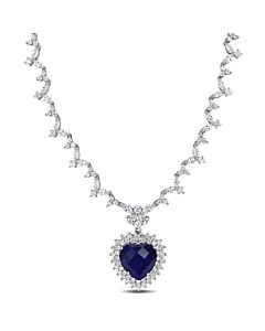 AMOUR 47 CT TGW Blue & White Cubic Zirconia Heart Necklace In Sterling Silver