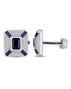 AMOUR 5 1/4 CT TGW Created Blue Sapphire Created White Sapphire Geometric Cufflinks In Sterling Silver