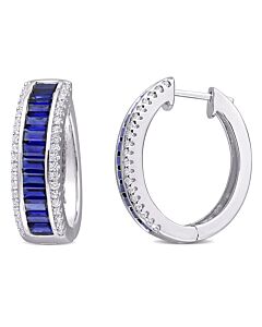 AMOUR 5 1/8 CT TGW Baguette Created Blue Sapphire Created White Sapphire Hoop Earrings In Sterling Silver