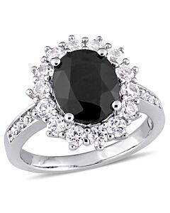 Amour Sterling Silver 5 CT TGW Black Sapphire And Created White Sapphire Halo Ring