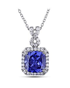 AMOUR 6 2/5 CT TGW Cushion Cut Simulated Tanzanite and Created White Sapphire Halo Pendant with Chain In Sterling Silver