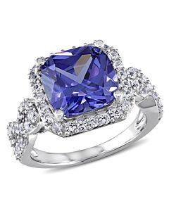 Amour Sterling Silver 6 3/4 CT TGW Created White Sapphire and Created Tanzanite Halo Cocktail Ring