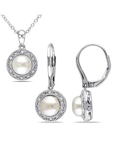 AMOUR 2 Piece Set Of 7.5-8 Mm Cultured Freshwater Pearl and 1/10 CT TW Diamond Halo Leverback Earrings and Pendant with Chain In Sterling Silver