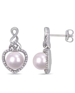 AMOUR 1/10 CT TW Diamond and White Cultured Freshwater Pearl Open Heart Drop Earrings In Sterling Silver