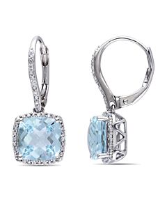 AMOUR 8 1/2 CT TGW Blue Topaz and 1/5 CT TW Diamond Leverback Halo Earrings In Sterling Silver