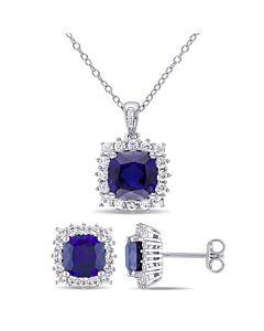 AMOUR 2-pc Set Of 8 1/2 CT TGW Created Blue Sapphire, Created White Sapphire Earrings and Pendant with Diamond Accent and Chain In Sterling Silver