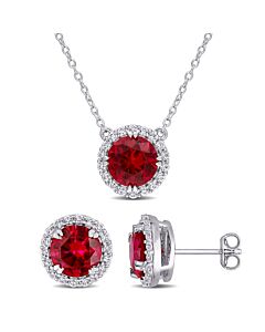 AMOUR 8 1/3 CT TGW Created Ruby and Created White Sapphire Halo Earring & Pendant Set In Sterling Silver