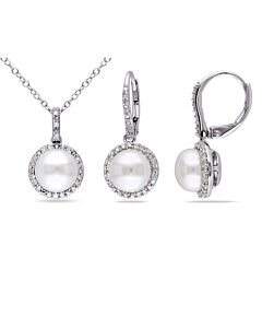 AMOUR 2-piece Set Of 8-8.5 Mm Cultured Freshwater Pearl and 1/3 CT TW Diamond Halo Leverback Earrings and Pendant with Chain In Sterling Silver