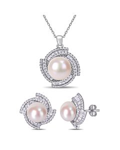 AMOUR 9.5-12.5 Mm Cultured Freshwater Pearl 3 3/4 Cubic Zirconia Geometric Halo Necklace and Stud Earring Set In Sterling Silver