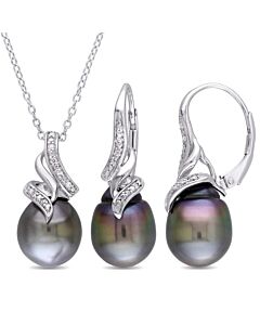 AMOUR 2 Pc Set Of 9 - 9.5 Mm Black Tahitian Pearl and 1/10 CT TW Diamond Vintage Drop Pendant and Chain and Leverback Earrings In Sterling Silver