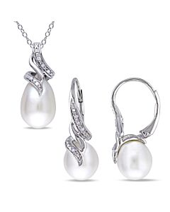 AMOUR 2 Piece Set Of 9-9.5 Mm Cultured Freshwater Pearl and 1/10 CT TW Diamond Twist Leverback Earrings and Pendant with Chain In Sterling Silver