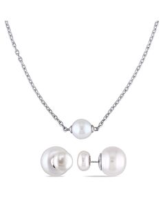 AMOUR 9-9.5mm Cultured Freshwater Pearl Necklace and 8-8.5mm & 12.5-13mm Cultured Freshwater Button Pearl Stud Earrings In Sterling Silver
