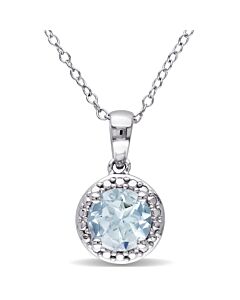 AMOUR Aquamarine Halo Pendant with Chain In Sterling Silver