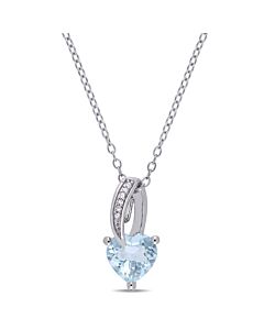 AMOUR Aquamarine Heart and Diamond Drop Pendant with Chain In Sterling Silver
