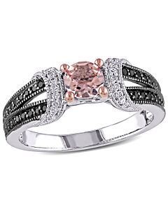 Amour Sterling Silver Black Rhodium Plated 1/4 CT Black and White Diamond And 1/2 CT Morganite Fashion Ring