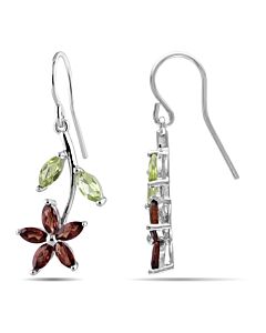 AMOUR Garnet and Peridot Flower Charm Earrings In Sterling Silver
