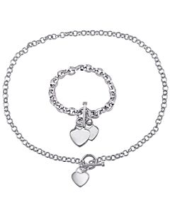 AMOUR Circle Link Heart Charm Necklace and Bracelet 2-piece Set In Sterling Silver