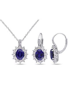 AMOUR 2-pc Set Of 12 1/10 CT TGW Created Blue and Created White Sapphire and Diamond Halo Pendant with Chain and Leverback Earrings 2-piece Set In Ste