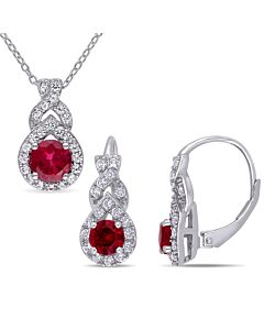 AMOUR 2-piece Set Of Created White Sapphire and Created Ruby Twist Teardrop Halo Leverback Earrings and Pendant with Chain In Sterling Silver