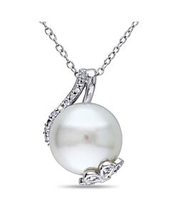 AMOUR 12 - 12.5 Mm White Cultured Freshwater Pearl and 1/10 CT TW Diamond Swirl Pendant with Chain In Sterling Silver