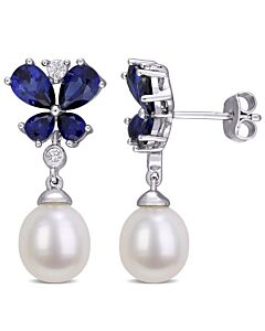 AMOUR 8-8.5 Mm Cultured Freshwater Pearl, Created Sapphire and Created White Sapphire Butterfly Drop Earrings In Sterling Silver