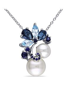 AMOUR White Cultured Freshwater Pearl, London and Sky-blue Topaz, and Sapphire Pendant with Chain In Sterling Silver