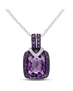 AMOUR 3 CT TGW Emerald Cut Amethyst and Diamond Accent Pendant with Chain In Sterling Silver