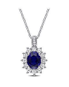 AMOUR Diamond and 4 CT TGW Created Blue and Created White Sapphire Oval Halo Pendant with Chain In Sterling Silver