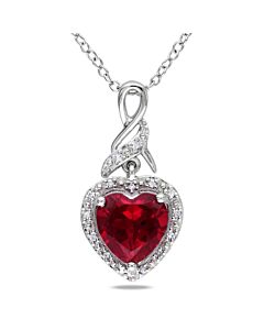 AMOUR Diamond and Created Ruby Heart Twist Pendant with Chain In Sterling Silver