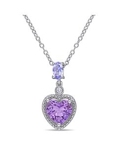 AMOUR Diamond, Tanzanite, and Heart Shaped Amethyst Pendant with Chain In Sterling Silver