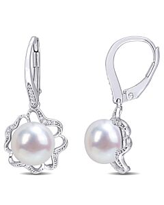 AMOUR 9-9.5mm Freshwater Cultured Pearl and 1/10 CT TDW Diamond Floral Leverback Earrings In Sterling Silver