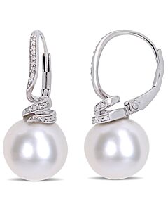 AMOUR 11 - 12 Mm Freshwater Cultured Pearl and Diamond Accent Swirl Leverback Earrings In Sterling Silver