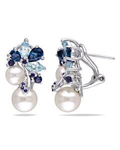 AMOUR 3 CT TGW London and Sky Blue Topaz, Sapphire and White Cultured Freshwater Pearl Cluster Earrings In Sterling Silver