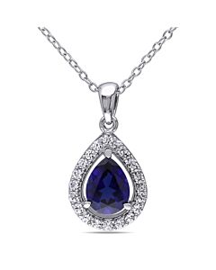 AMOUR Created Blue and Created White Sapphire Teardrop Halo Pendant with Chain In Sterling Silver