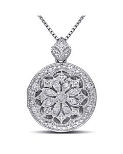 AMOUR 1/10 CT TW Diamond Floral Vintage Locket Pendant with Chain In Sterling Silver