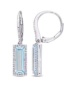 AMOUR 6 1/2 CT TGW Baguette Cut Blue Topaz and White Sapphire Halo Drop Earrings In Sterling Silver