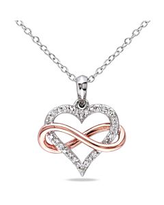 AMOUR 1/10 CT TW Diamond Infinity Heart Pendant with Chain In 2-Tone Pink and White Sterling Silver