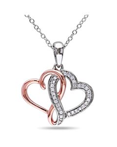 AMOUR 1/7 CT TW Diamond Interlocking Heart Pendant with Chain In 2-Tone Pink and White Sterling Silver
