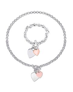 Amour Two-Tone Silver 2 Piece Set of Heart Charm Bracelet and Necklace