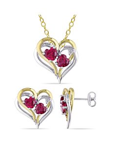 AMOUR 2-pc Set Of Created Ruby and Diamond Accent Heart Stud Earrings and Pendant with Chain In 2-Tone Sterling Silver