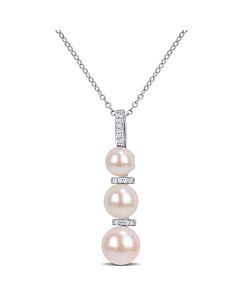 AMOUR White Cultured Freshwater Pearl and Diamond Drop Pendant with Chain In Sterling Silver