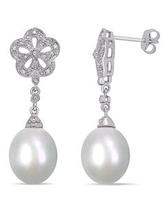 AMOUR White Cultured Freshwater Pearl and Diamond Vintage Drop Earrings In Sterling Silver