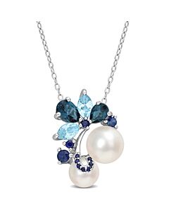 AMOUR White Cultured Freshwater Pearl, London and Sky-blue Topaz, and Sapphire Pendant with 20in Chain In Sterling Silver