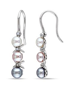 AMOUR White, Pink and Grey Cultured Freshwater Pearl and Diamond Drop Earrings In Sterling Silver