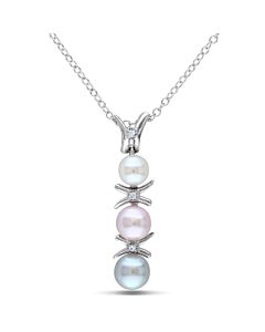AMOUR White, Pink and Grey Cultured Freshwater Pearl and Diamond Drop Pendant with Chain In Sterling Silver