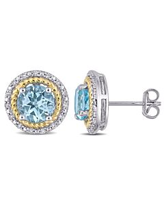 AMOUR 3 1/6 CT TGW Sky Blue Topaz and 1/6 CT TDW Diamond Halo Stud Earrings In Yellow Plated Sterling Silver