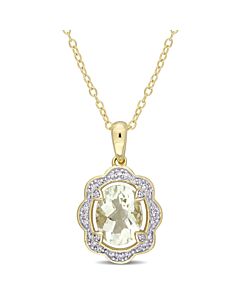 AMOUR 1 5/8CT TGW Green Quartz and 1/10CT TDW Diamond Halo Dangle Pendant with Chain In Yellow Plated Sterling Silver